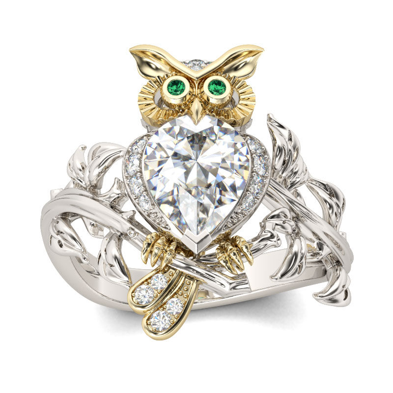 Jeulia Two Tone Pear Cut Sterling Silver Owl Ring