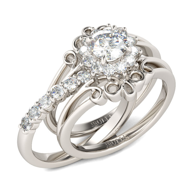 Jeulia Conjunto De Anillos Florales Intercambiables Con Halo De Talla Redonda En Plata De Ley