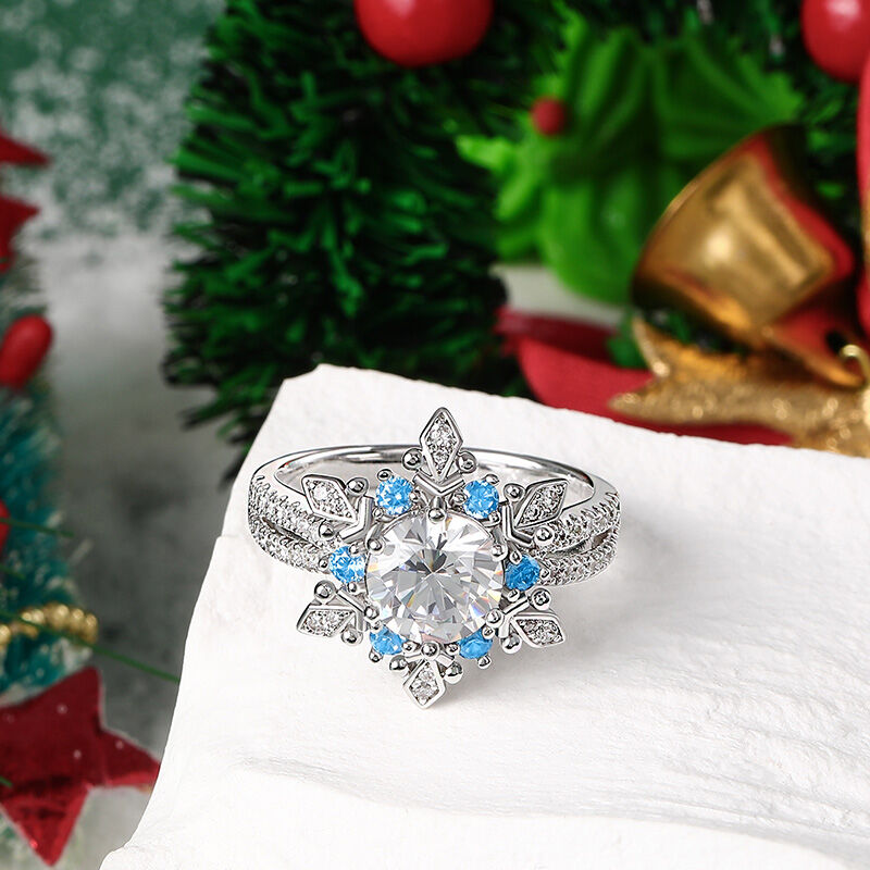 Jeulia "Shining Winter" Snowflake Round Cut Split Shank Sterling Silver Ring