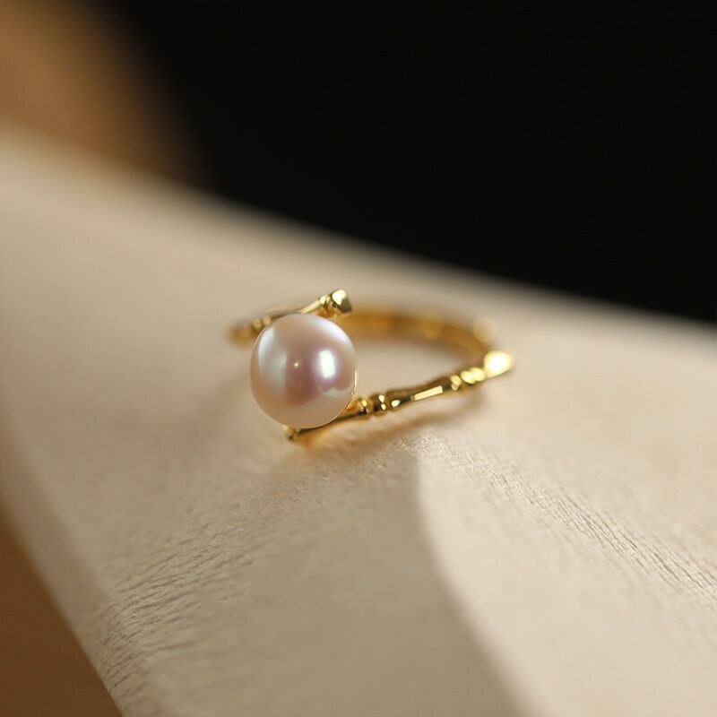 Jeulia Bamboo Design Pearl Sterling Silver Adjustable Ring
