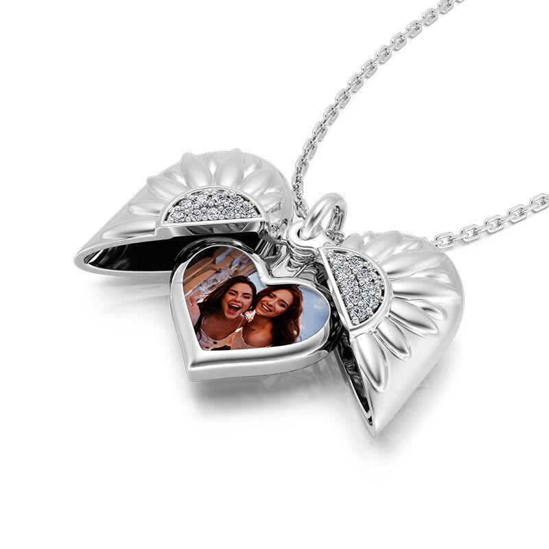 Jeulia Sunflower Heart Personalized Photo Sterling Silver Locket Necklace