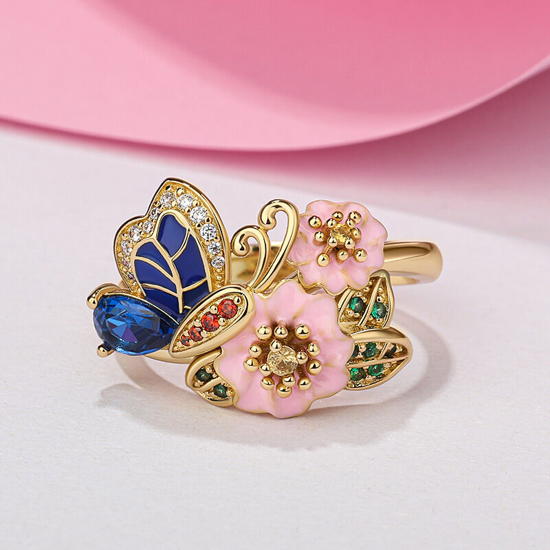 Jeulia "Blühende Jahreszeit" Schmetterling Blume Design Sterling Silber Ring