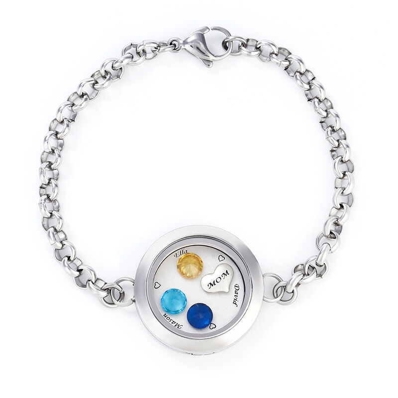 Jeulia Engraved Floating Locket Bracelet With Charms And Birthstones Stainless Steel