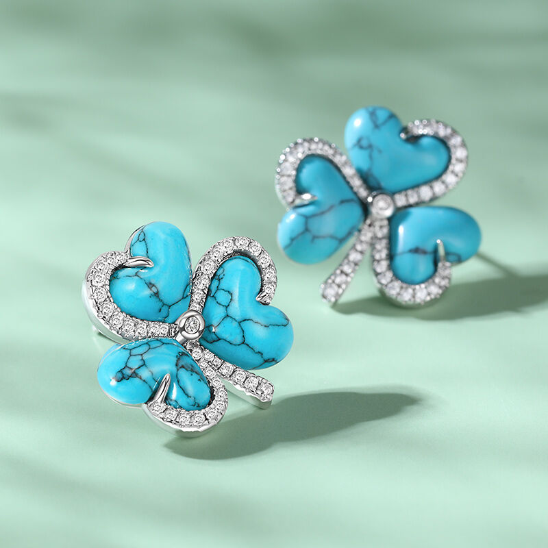 Jeulia "Heartfelt Luck" Clover Design Turquoise Sterling Silver Stud Earrings