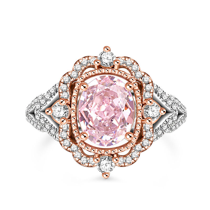 Jeulia "Princess Aura" Two Tone Halo Oval Cut Synthetic Morganite Sterling Silver Ring