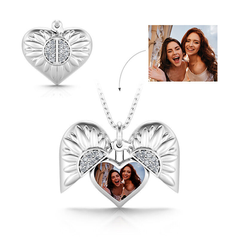 Jeulia Sunflower Heart Personalized Photo Sterling Silver Locket Necklace