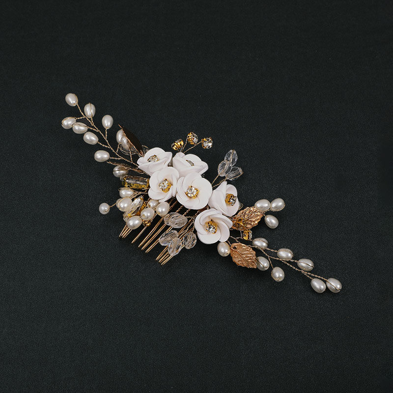 Jeulia White Flower Hair Comb Gold Tone Pearl Crystle Headpiece