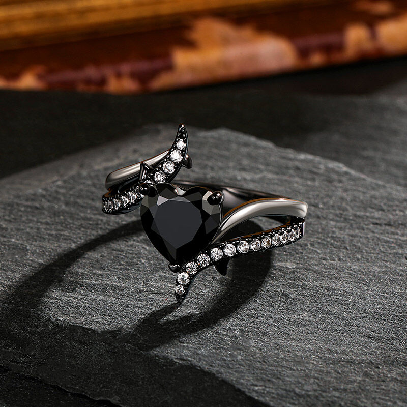 Jeulia Two Tone Bypass Black Heart Ring Sterling Silver