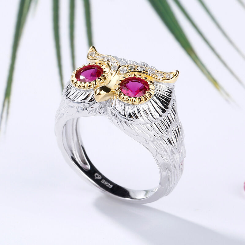 Jeulia Two Tone Feather Design Round Cut Sterling Silver Owl Ring