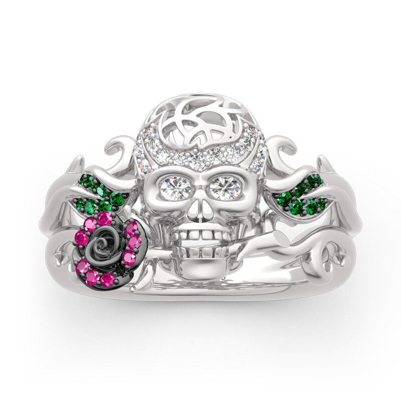 Jeulia "Forever Romance" Skull and Rose Sterling Silver Ring
