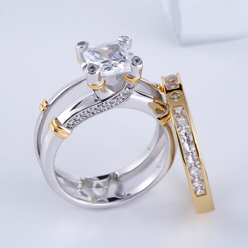 Jeulia Two Tone Princess Cut Sterling Silver Ring Set