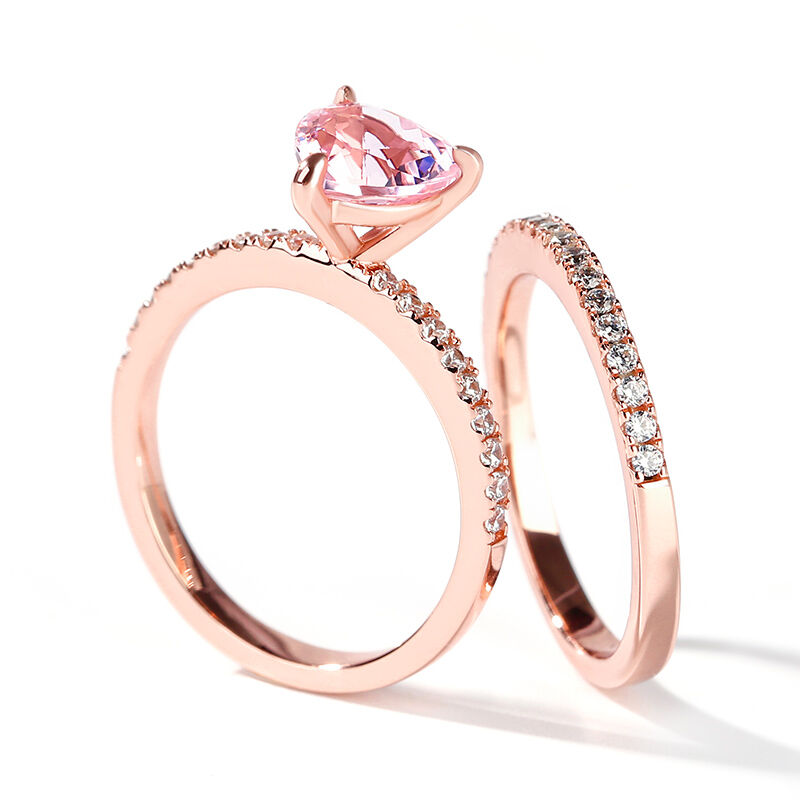 Jeulia Pink Heart Cut Synthetic Morganite Sterling Silver Ring Set