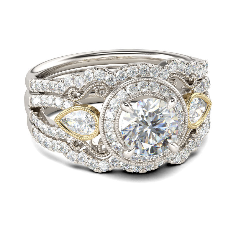 Jeulia Terno De Anillos Con Halo Milgrain De Talla Redonda En Plata De Ley