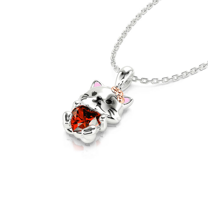 Jeulia Hug Me Naszyjnik z kotem 925 Srebrny Z czerwonymi kamieniami w kształcie serca