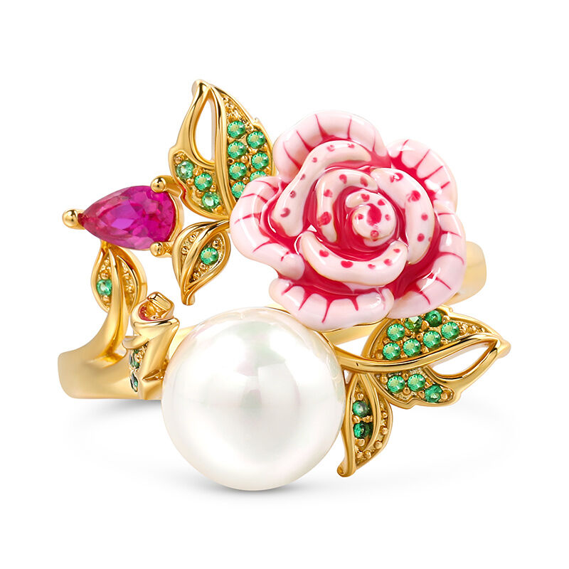 Jeulia "Cherished Love" Cultured Pearl Rose Flower Enamel Sterling Silver Ring