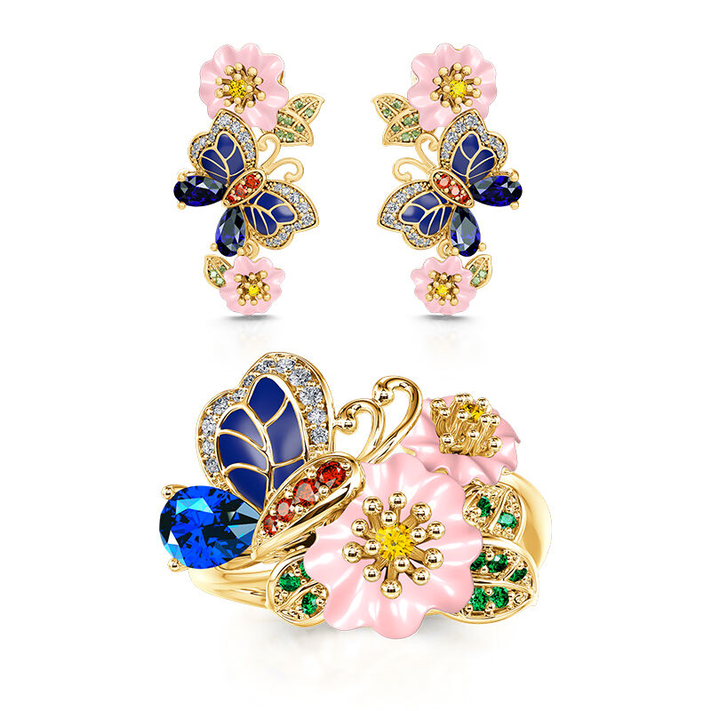 Jeulia "Rhythm of Life" Butterfly&Flower Enamel Sterling Silver Jewelry Set