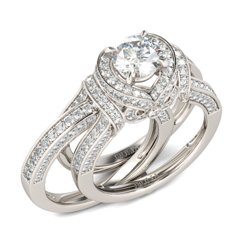 Jeulia Conjunto De Anillos Con Halo De Talla Redonda En Plata De Ley