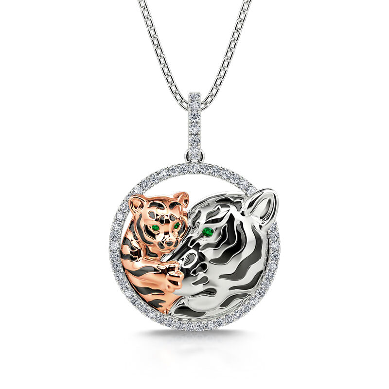 Jeulia "Huddle with You" Mom and Baby Tiger Pendant Sterling Silver Necklace