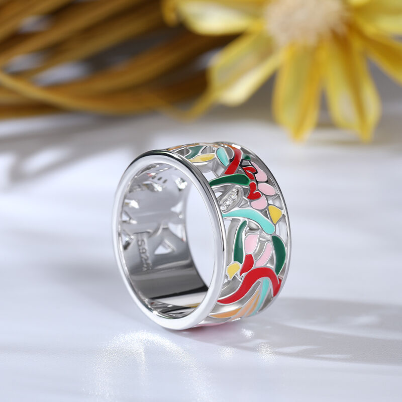 Jeulia "Floral Fantasy" Flower and Leaf Enamel Sterling Silver Women's Band