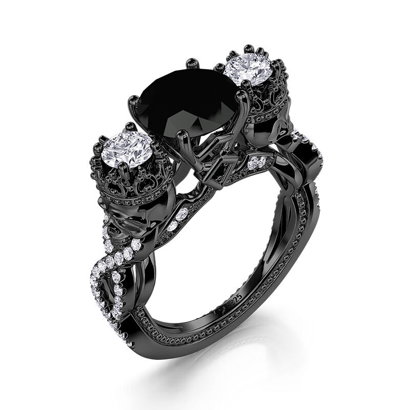 Jeulia Cool Skull Three Stone Engagement Ring Sterling Silver