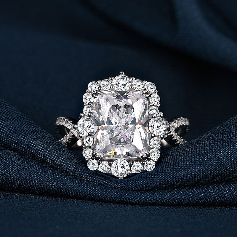 Jeulia Anello di Fidanzamento a Taglio Radiante con Alone e Torsione in Argento Sterling