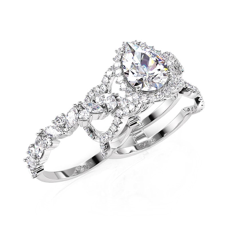 Jeulia Halo Pear Cut Bridal Ring Set with Eternity Band Sterling Silver