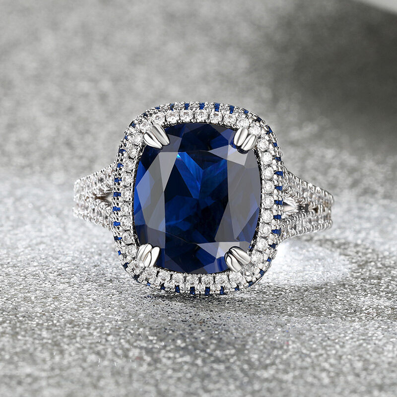 Jeulia "Blue Fantasy" Side Halo Cushion Cut Sterling Silver Engagement Ring