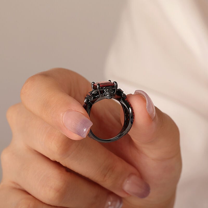 Jeulia Floral Radiant Ruby Gothic Black Skull Ring Hollow Shank
