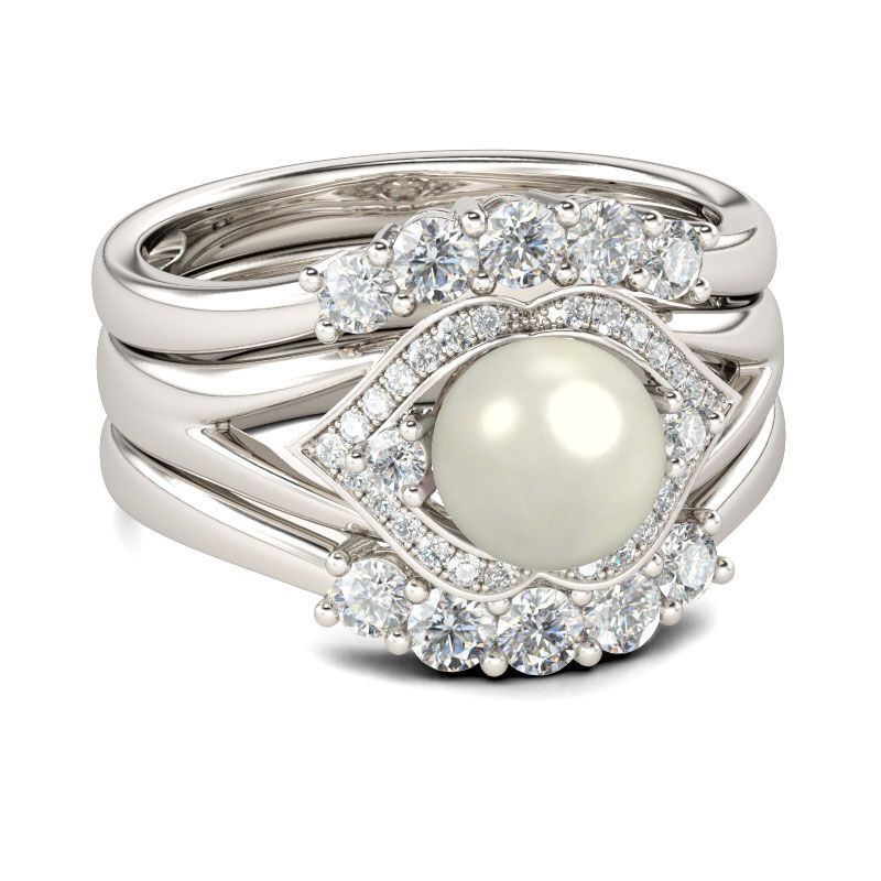 Jeulia Halo Faux Pearl Sterling Silver 3PC Ring Set
