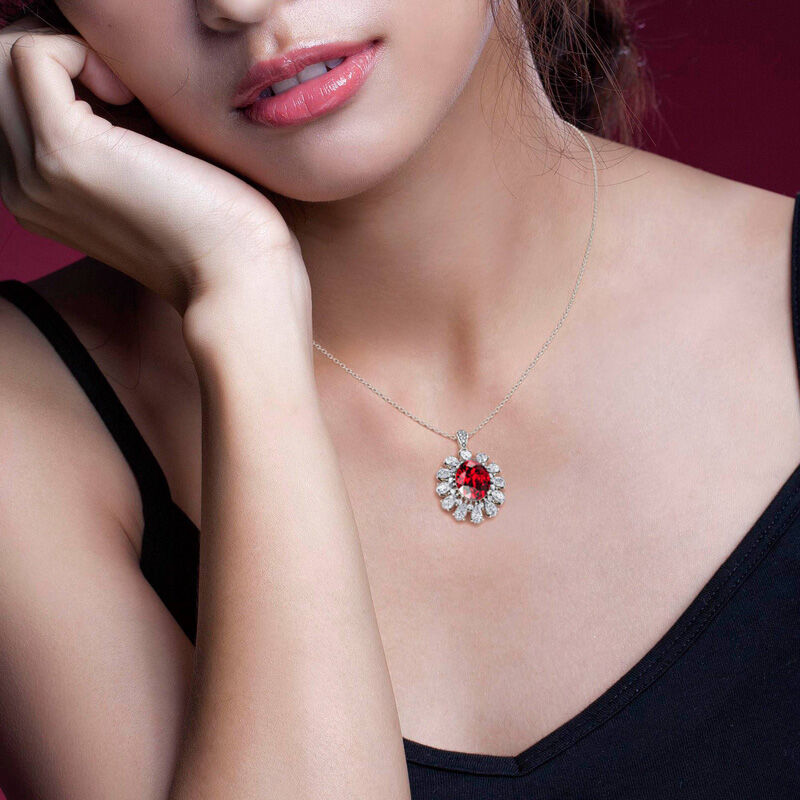 Jeulia "Rouge brûlant" Collier Luxe Halo Coupe Ovale en Argent Sterling