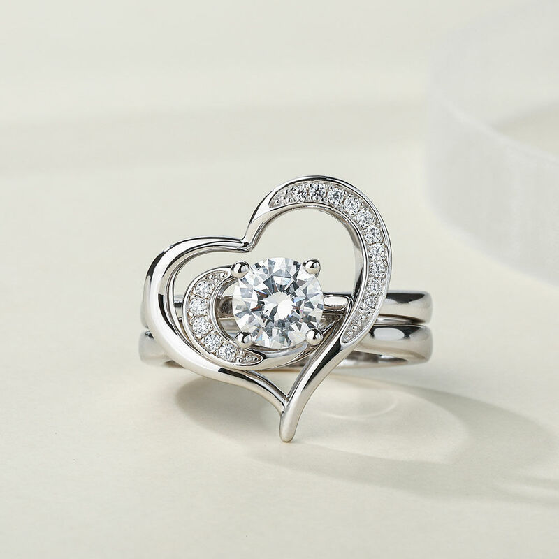 Jeulia Heart Shape Round Cut Sterling Silver Ring Set
