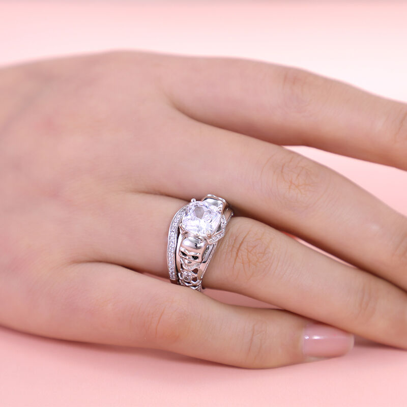 Jeulia "Until Death" Hollow Two Skull Cushion Cut Sterling Silver Ring