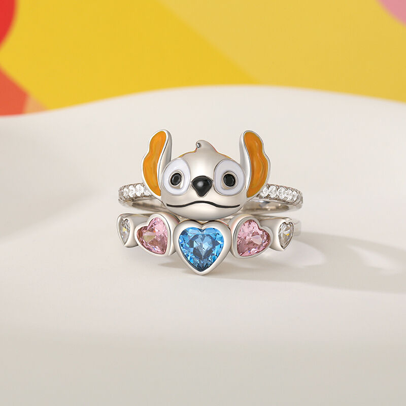 Jeulia Set di Anelli Cuore Piccolo Mostro Carino Colorato in Argento Sterling