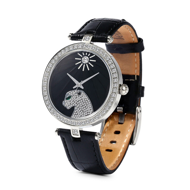 جوليا ساعة يد الكوارتز الأسود مع قرص أسود بتصميم النمر