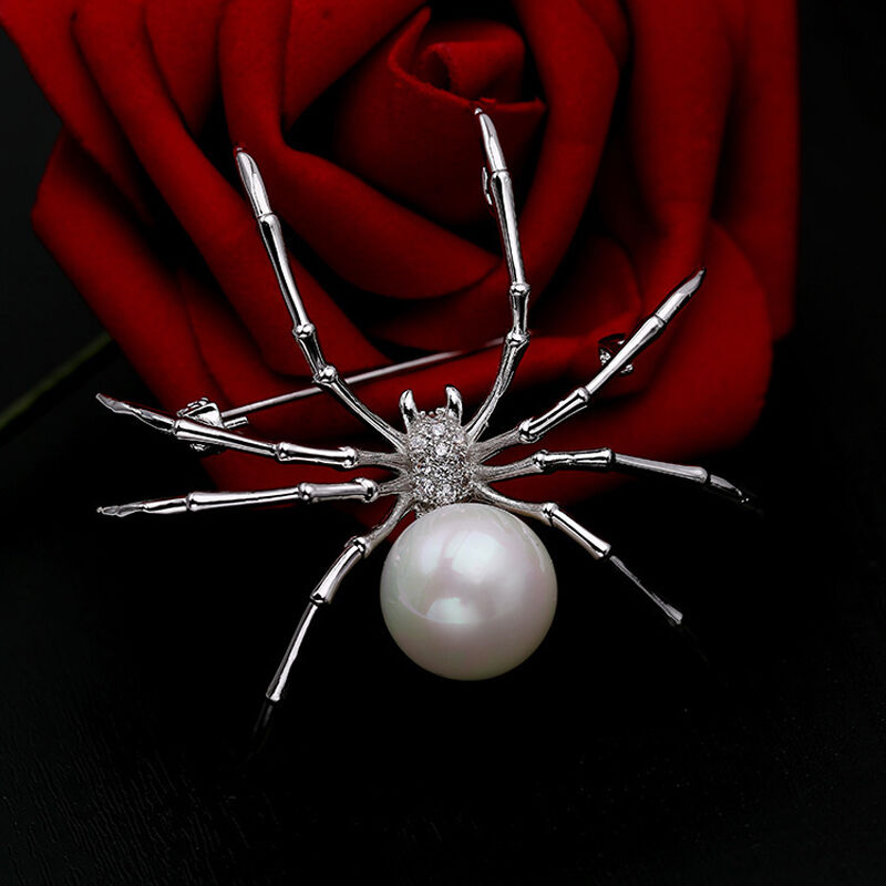 Jeulia Spider Design White Pearl Copper Brooch