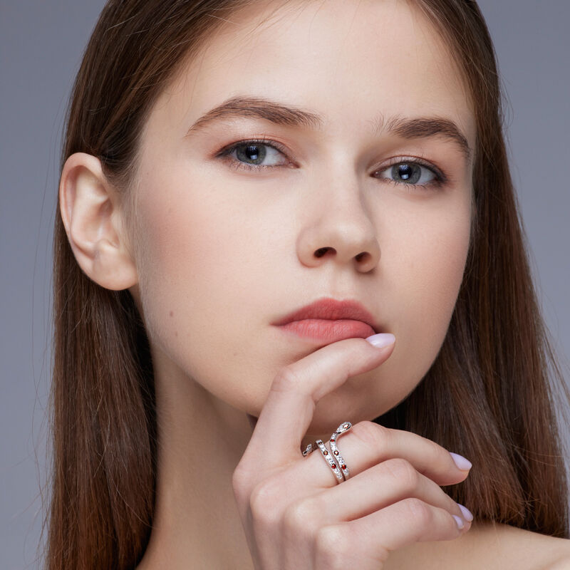 Jeulia Anello Cocktail a Forma di Serpente Rubino Rosso in Argento Sterling
