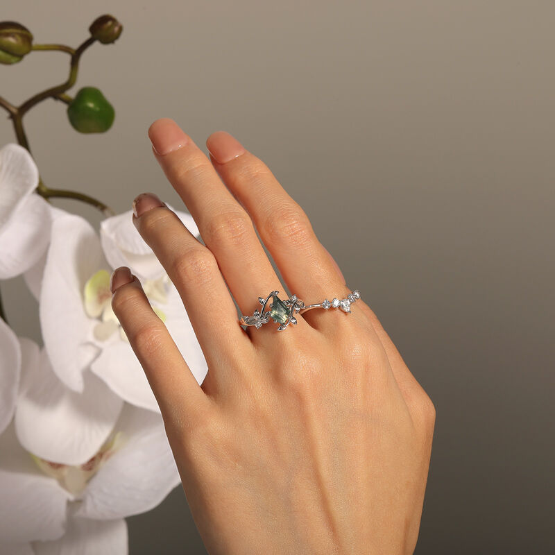Jeulia Juego de Anillos de Ágata Musgo con Hoja Envolvente en Plata Esterlina