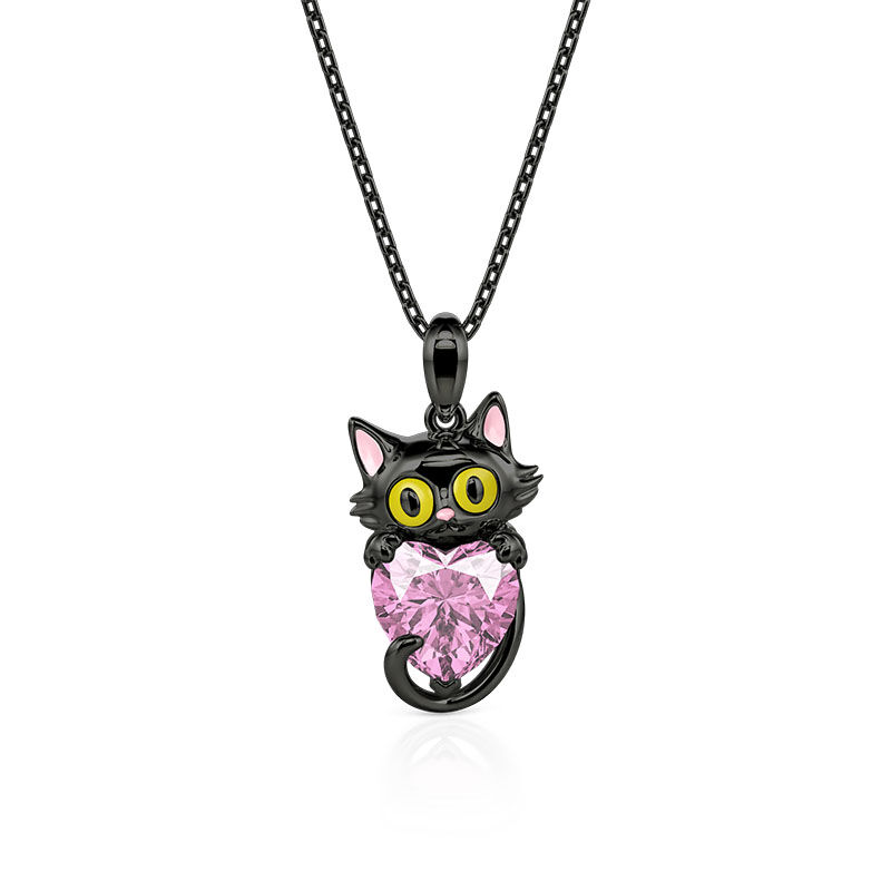 Jeulia Hug Me Custom Birthstone Black Cat Necklace