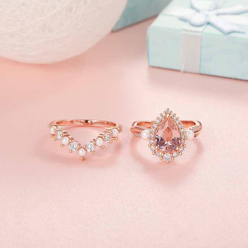 Jeulia Twist Halo Pear Wedding Ring Set Morganite Pearl