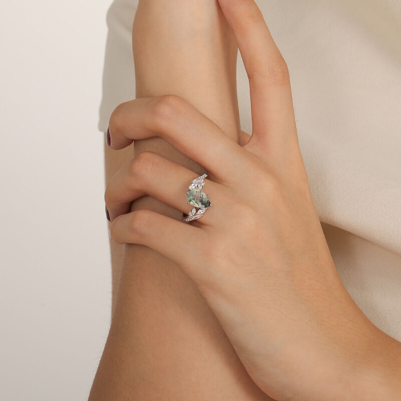 Jeulia Olivetta Bypass Moss Agate Engagement Ring Pear Cut