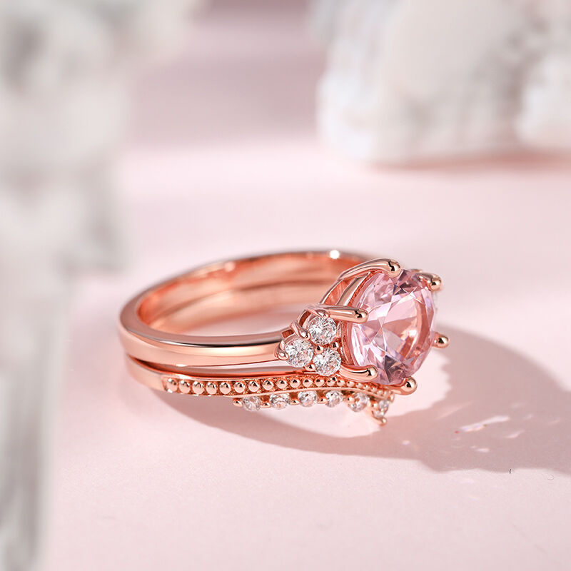 Jeulia Vintage ronde Cut synthetische Morganite zilveren ring set