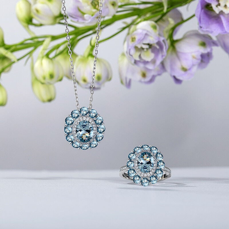 Jeulia Summer Seaside Halo Aquamarine Necklace