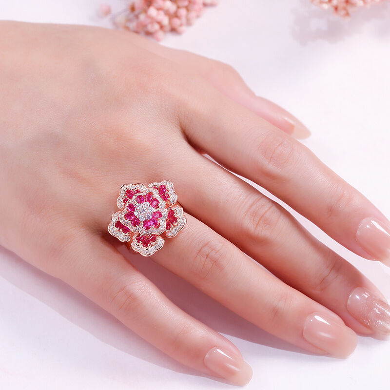 Jeulia Anillo grande mujer de plata de ley en tono oro rosa en flor