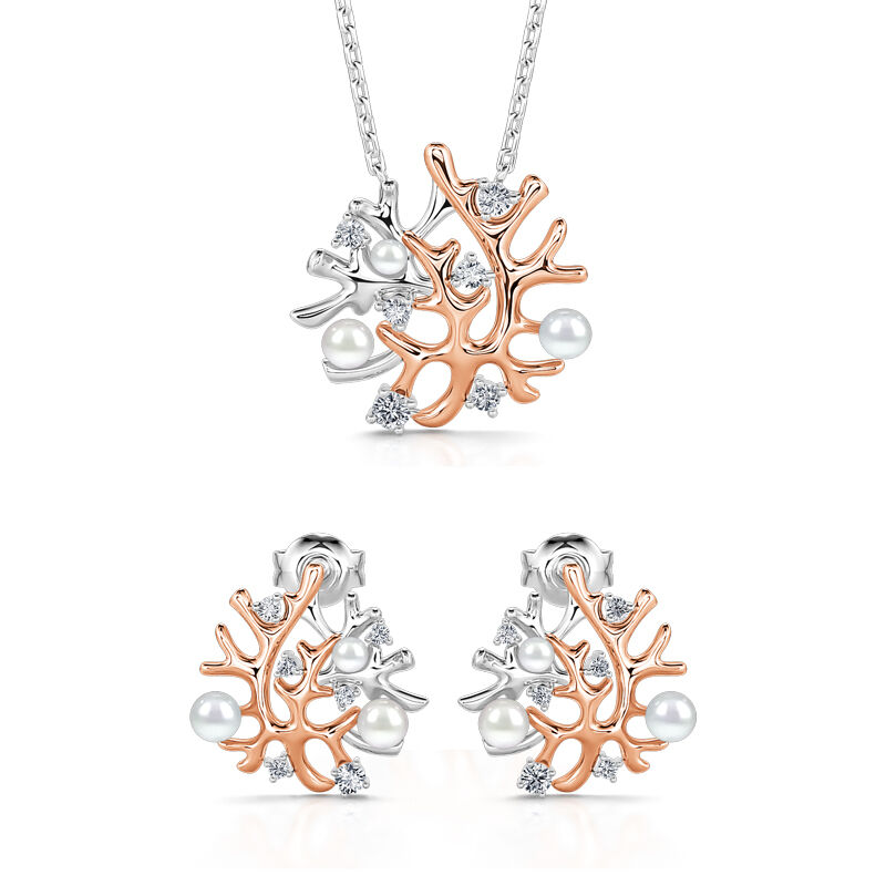 Jeulia "Coral Reefs" Cultured Pearl Sterling Silver Jewelry Set
