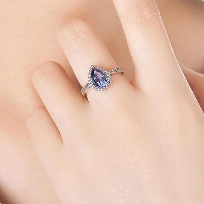 Jeulia Halo Pear Alexandrite Ring Channel Setting Sterling Silver