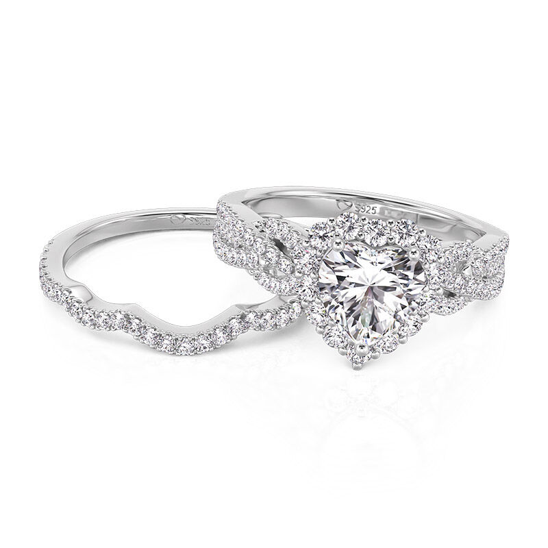 Jeulia Juego de Anillo de Boda Corte de Corazón con Halo Vintage Trenzado en Plata Esterlina