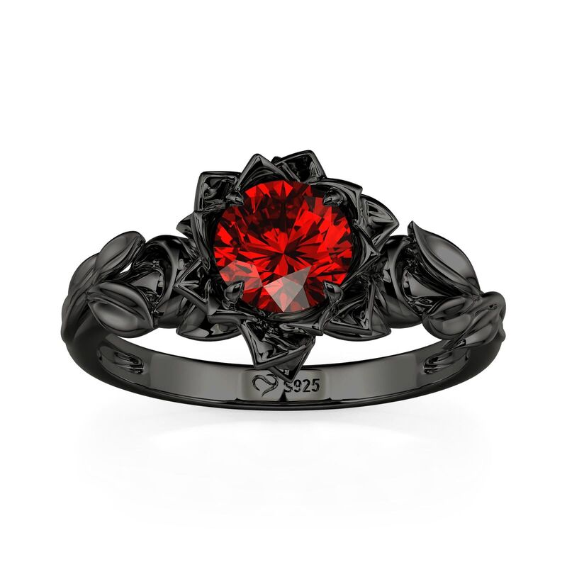 Jeulia Anillo Gótico Floral Negro Corte Redondo de Plata de Ley