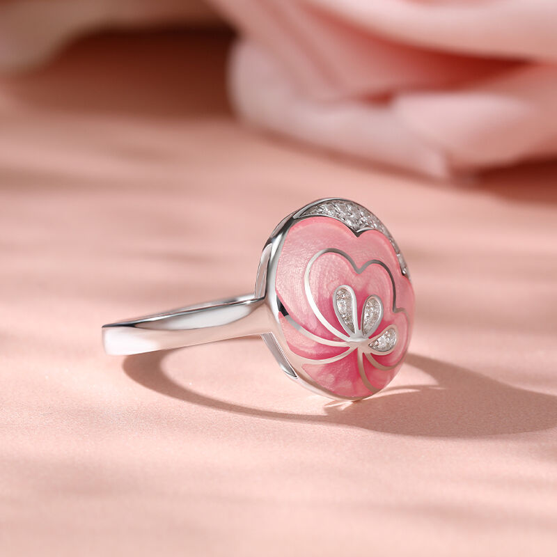 Jeulia "Pink Love" Flower Enamel Sterling Silver Ring