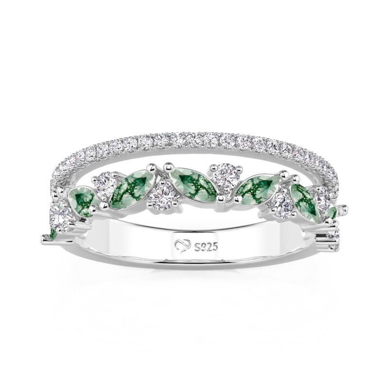 Jeulia Bague Double Rangée en Agate Mousse Coupe Marquise pour Femmes