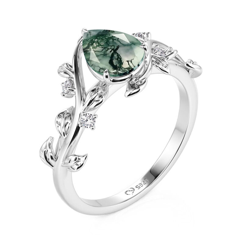 Jeulia Bypass Pear Cut Moss Agate Engagement Ring with Vine Leaf